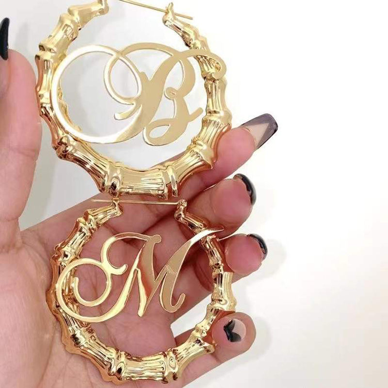 Hoop Huggie Custom Gold Stainless Steel Name Round Bamboo Hoop Earrings for Women Girl Customized Hip Hop Big Earrings Statement Jewelry 230808
