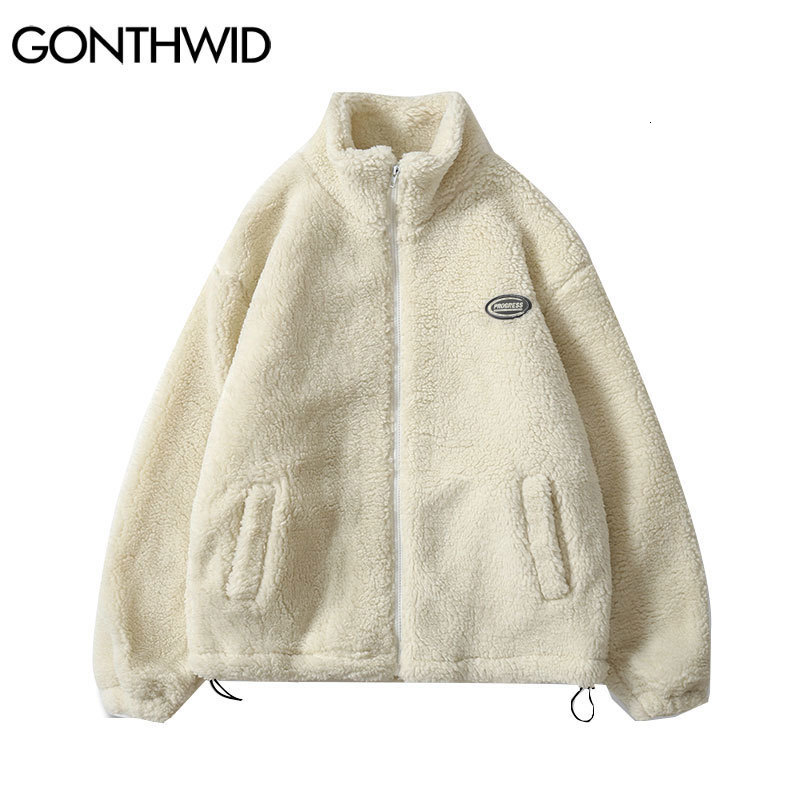 Men's Jackets Hip Hop Winter Fleece Fluffy Jacket Streetwear Harajuku Fuzzy Zipper Coat Men Autumn Solid Color Lightweight Jackets Black Beige