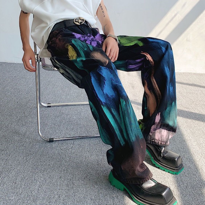 Mens Jeans FEWQ Colorful Graffiti Stitching Color Male High Street Denim Trousers Casual Wide Leg Pants Trendy 24B3326 230809