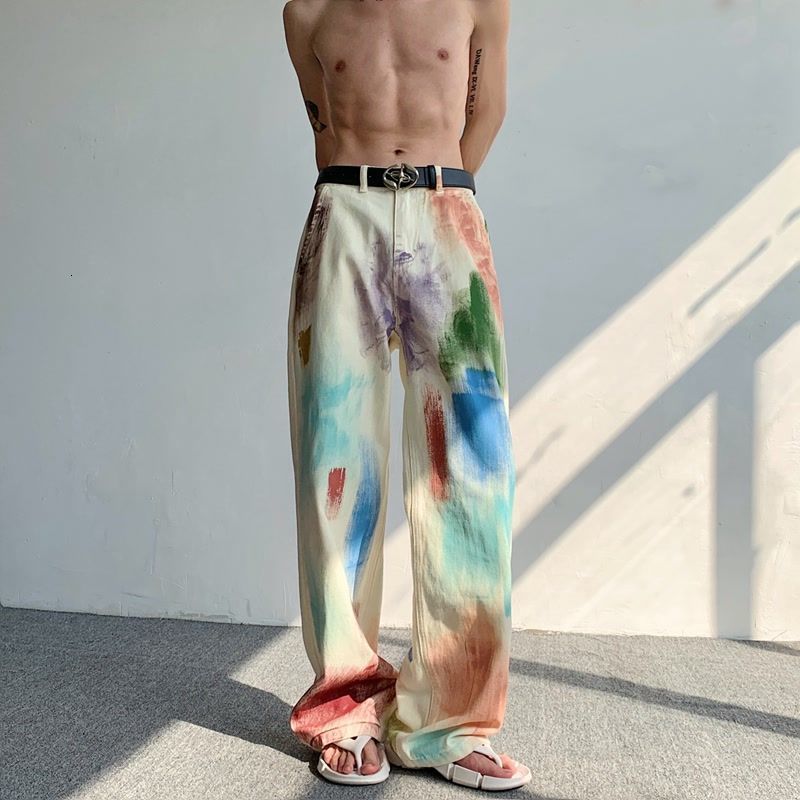 Mens Jeans American style handpainted paint color jeans for men and women summer vibe high street loose slim straight wideleg pants 230809