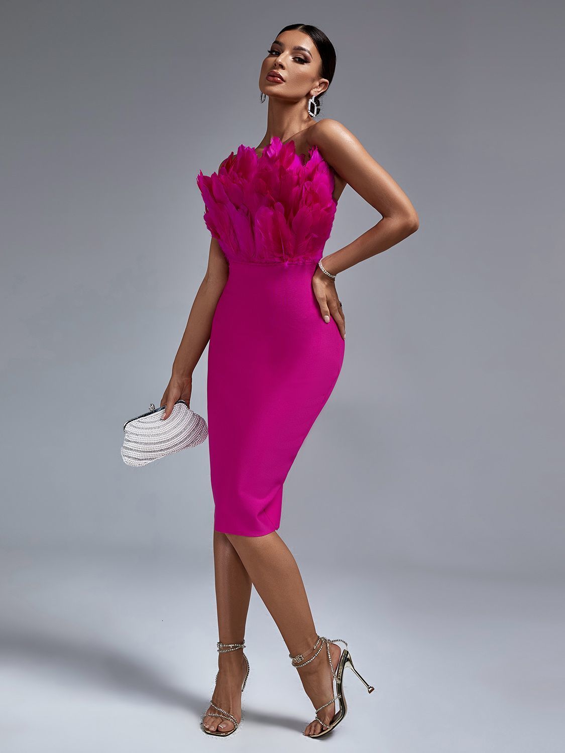 Urban Sexy Dresses Pink Bandage Dress Women Feather Party Dress Bodycon Elegant Midi Sexy Strapless Evening Birthday Club Outfits Summer 230809
