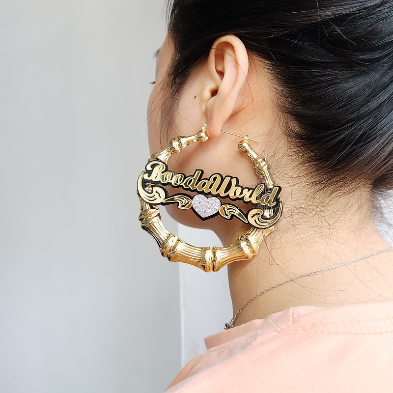 Hoop Huggie Big Bamboo Personalized Name Custom Earrings C4 230808