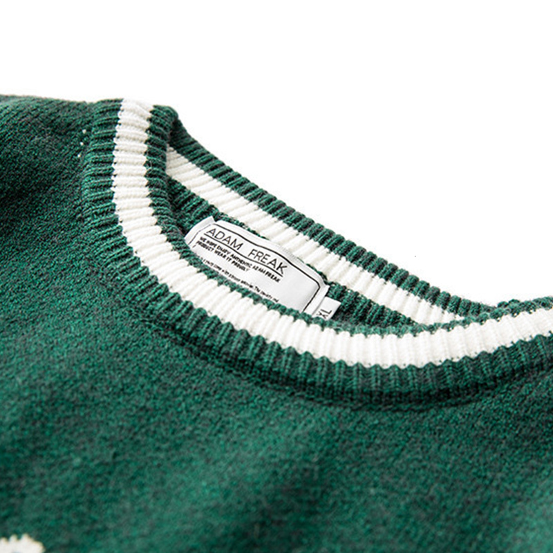 Men's Sweaters Vintage Knitted Sweater Men Green Letter Print Striped Pullover Women Harajuku College Style Jumpers Streetwear Spring Autumn 2308