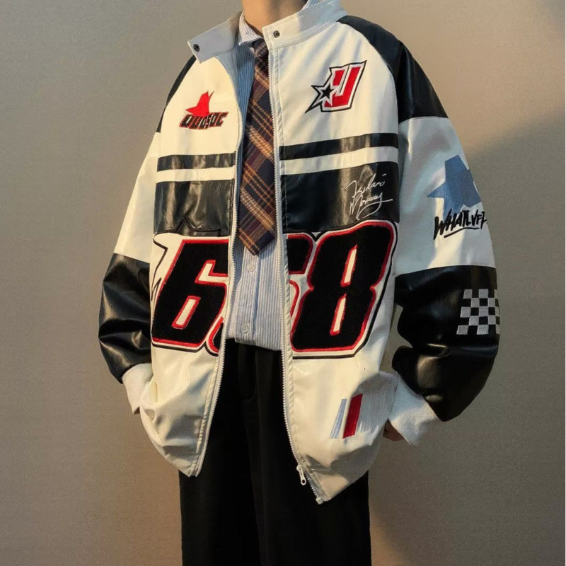 Mens Jackets Hip Hop American PU Leather Jacket Men Patchwork Letter Embroidery Motorcycle Biker Coats Unisex Bomber Flocking Clothes 230809