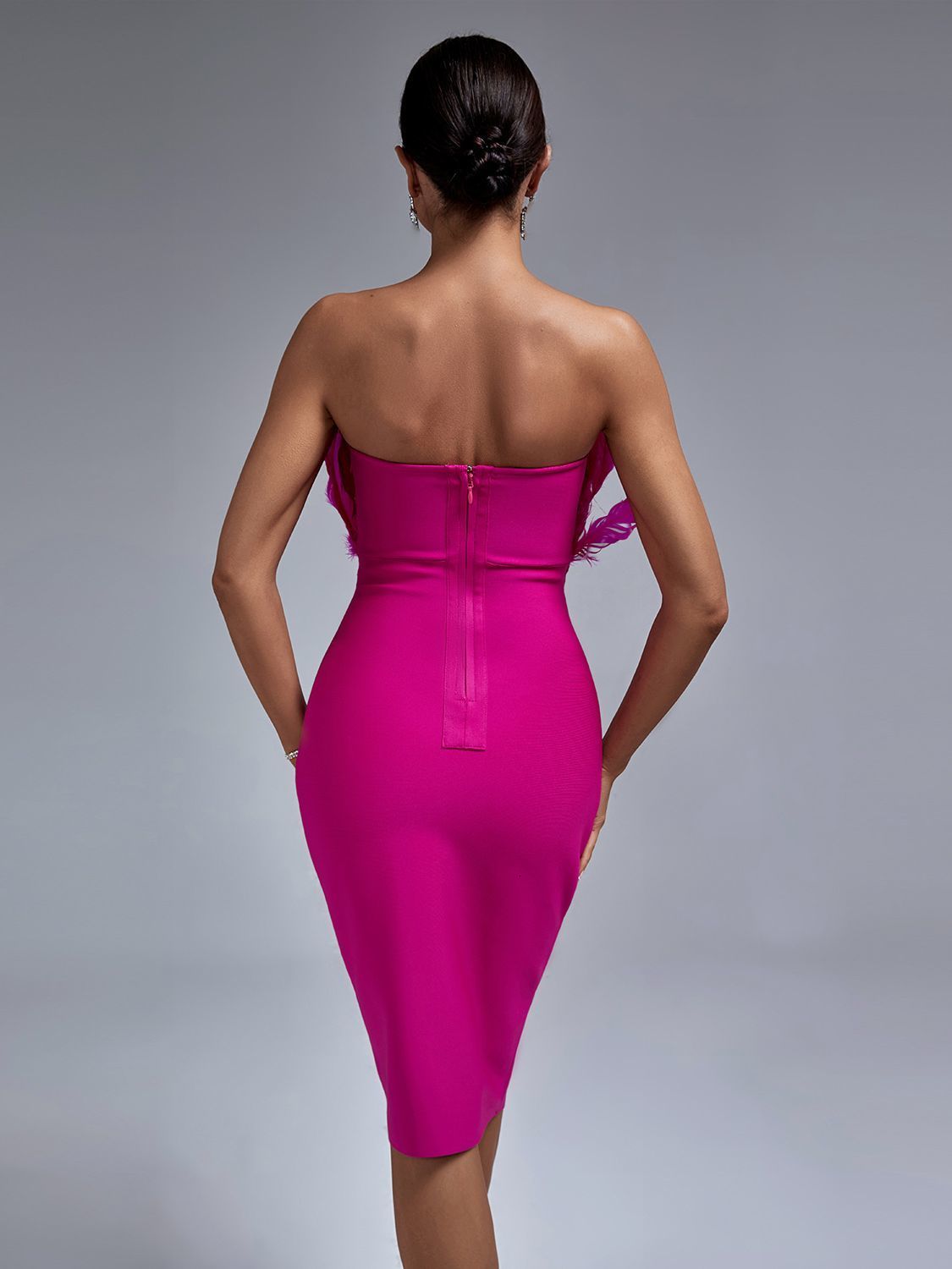 Urban Sexy Dresses Pink Bandage Dress Women Feather Party Dress Bodycon Elegant Midi Sexy Strapless Evening Birthday Club Outfits Summer 230809