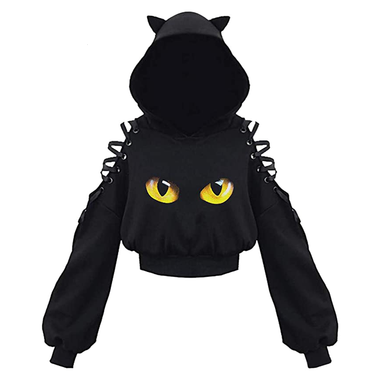 Women's Hoodies Sweatshirts Women Long Sleeve Hoodies Kawaii Cat Ears Hoodie Gothic Punk Harajuku Cold Shouler Bandage Gothic Black Sweatshirts 2