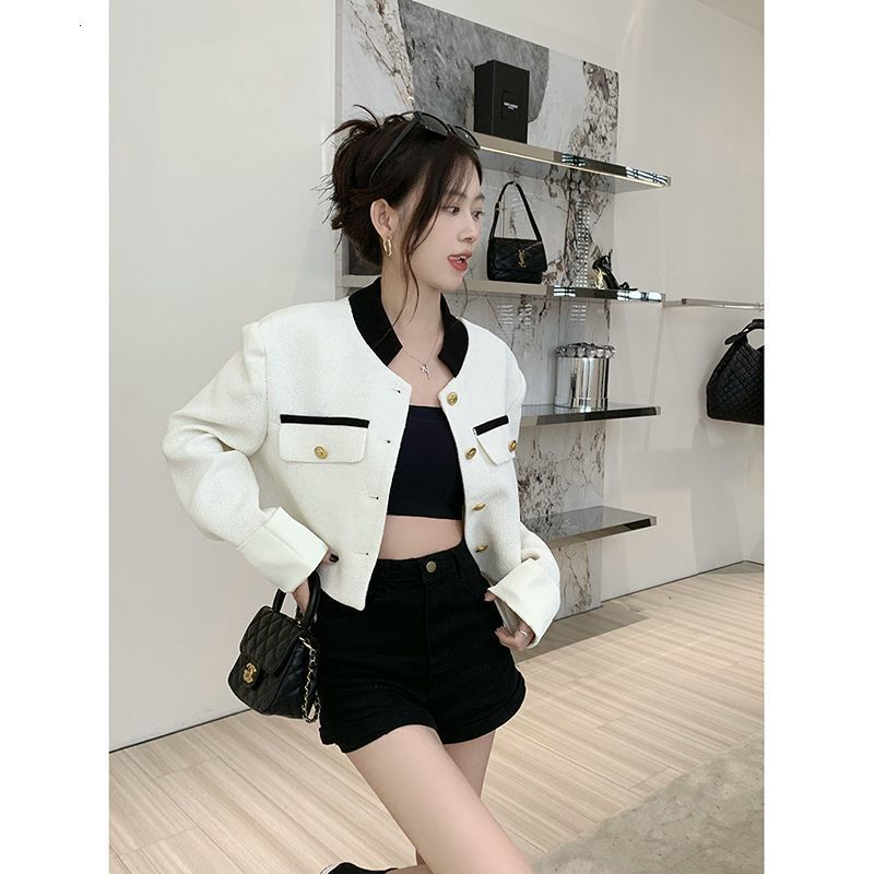 Womens Jackets Deeptown Korean Fashion Cropped Tweed Jacket Women Chic and Elegant Spring Harajuku Streetwear Style White Coat Female 230808