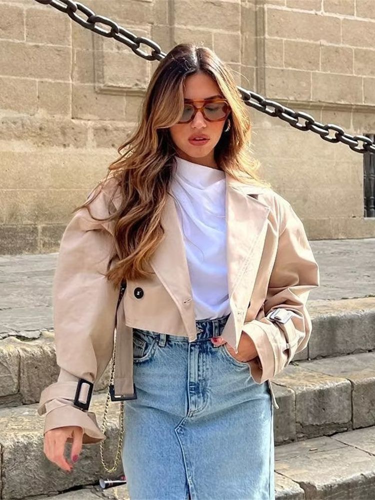 Womens Jackets Ladies Short Oversized Cropped Trench Coat Women Jacket Lapel Collar Long Sleeve Outerwear Chic Loose Tops Female 230808