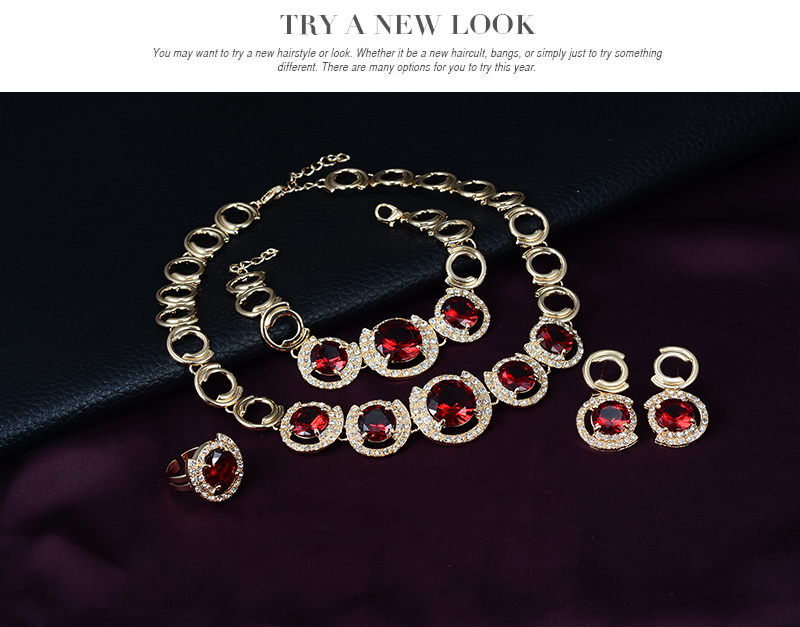 Wedding Jewelry Sets Bridal Accessories Gold Color Crystal Green Red Zircon Pendant necklace earrings Ring women bridal jewelry sets 230808