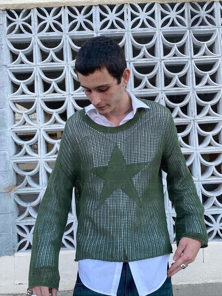 Men's Sweaters Men's sweater Harajuku Hollow Out Knit Pullovers Crewneck Autumn Vintage star graphic Grunge Top Fashion Cotton Sweater women