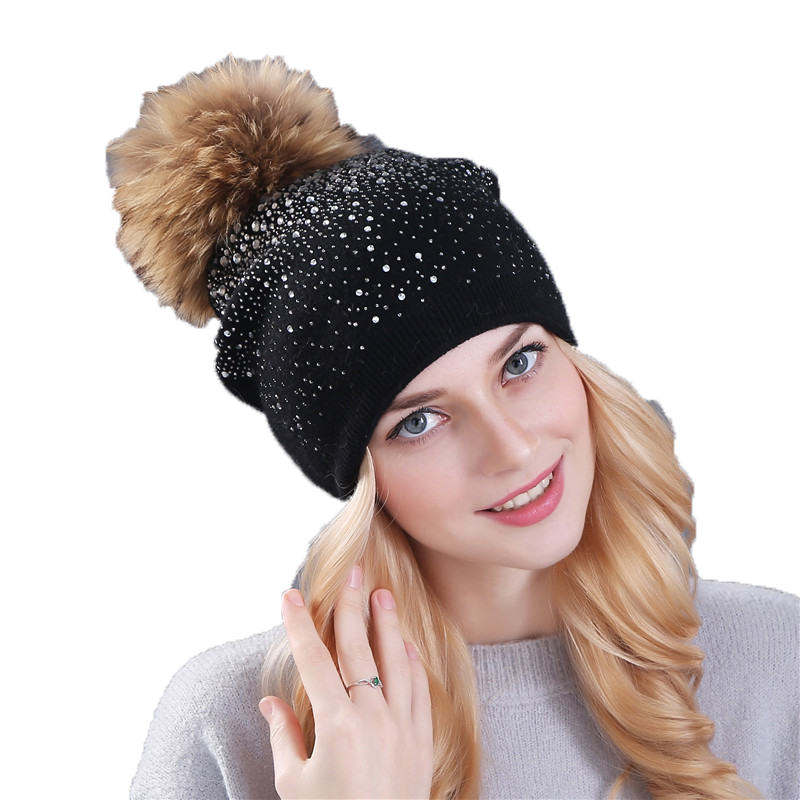 Xthree women winter beanie hat Rabbit fur wool knitted hat the female of the mink pom pom Shining Rhinestone hats for women S181