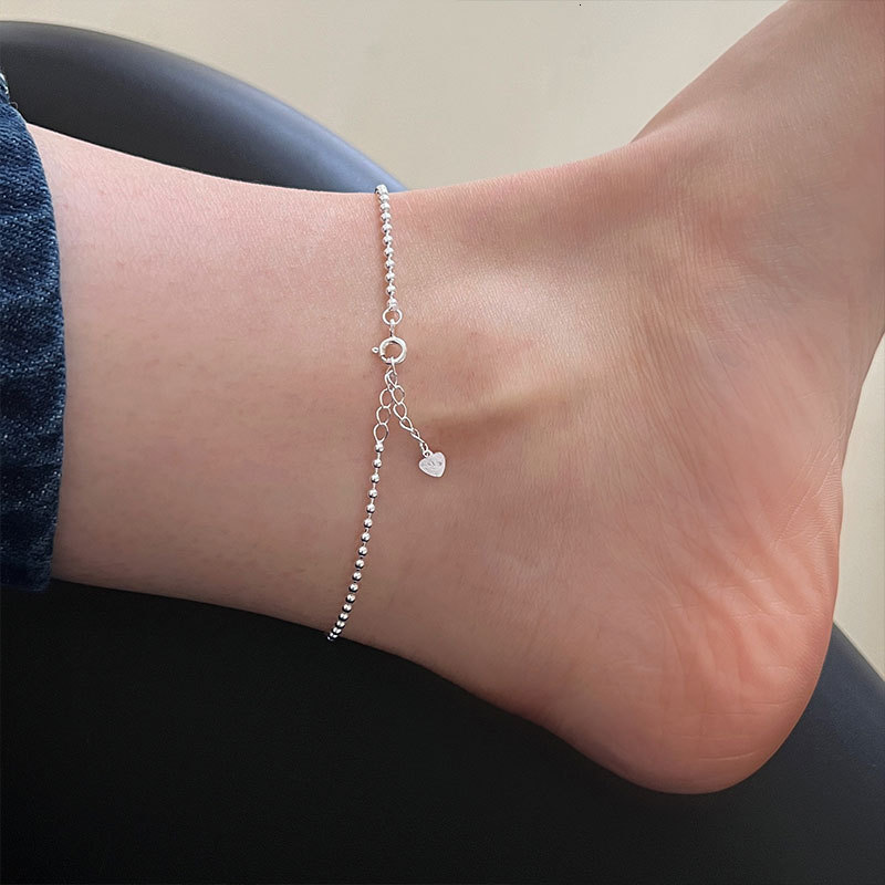 Anklets Real 925 Sterling Silver Red Heart Anklets Woman Beads Ankle Bracelet On The Leg Chain Women Barefoot Summer Jewelry 230808