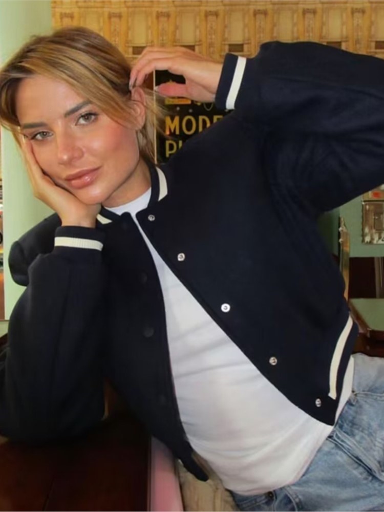 Women's Jacket's Dark Blue Cropped Baseball Jacket Stripe Stitching Pockets Coats With Buttons 2023 Spring Ladies Streetwear Chic Clothes 23