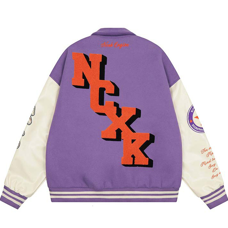 Mens Jackets Men PU Leather Sleeve Varsity Couple High Street Letter Embroidery Color Matching Loose Casual Purple Baseball Outwear 230809