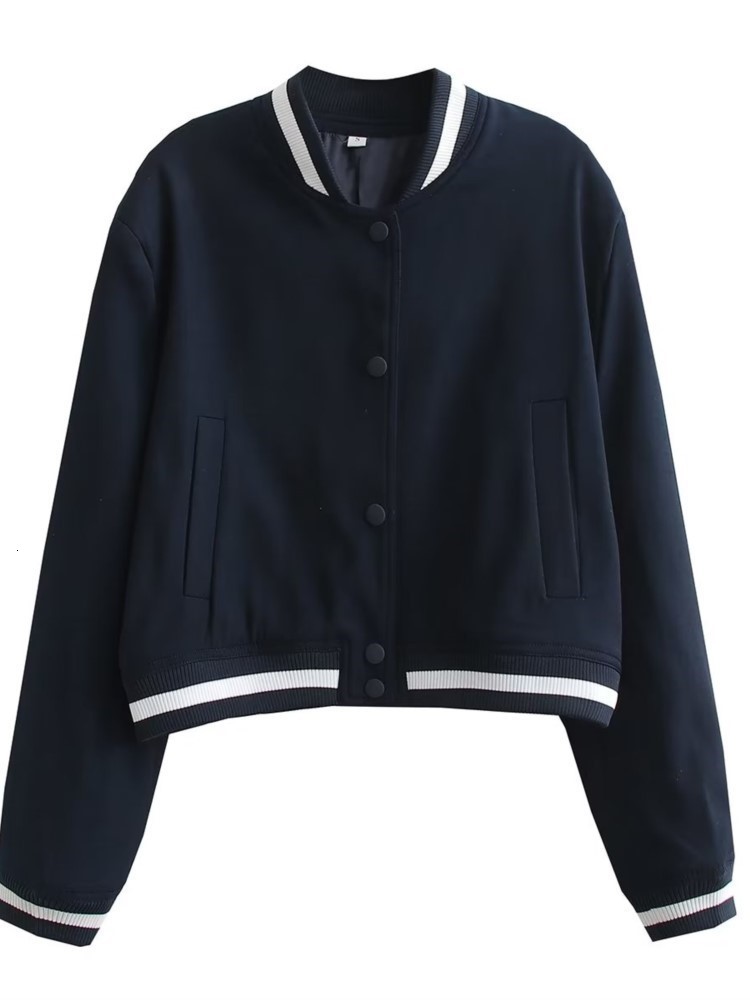 Women's Jacket's Dark Blue Cropped Baseball Jacket Stripe Stitching Pockets Coats With Buttons 2023 Spring Ladies Streetwear Chic Clothes 23