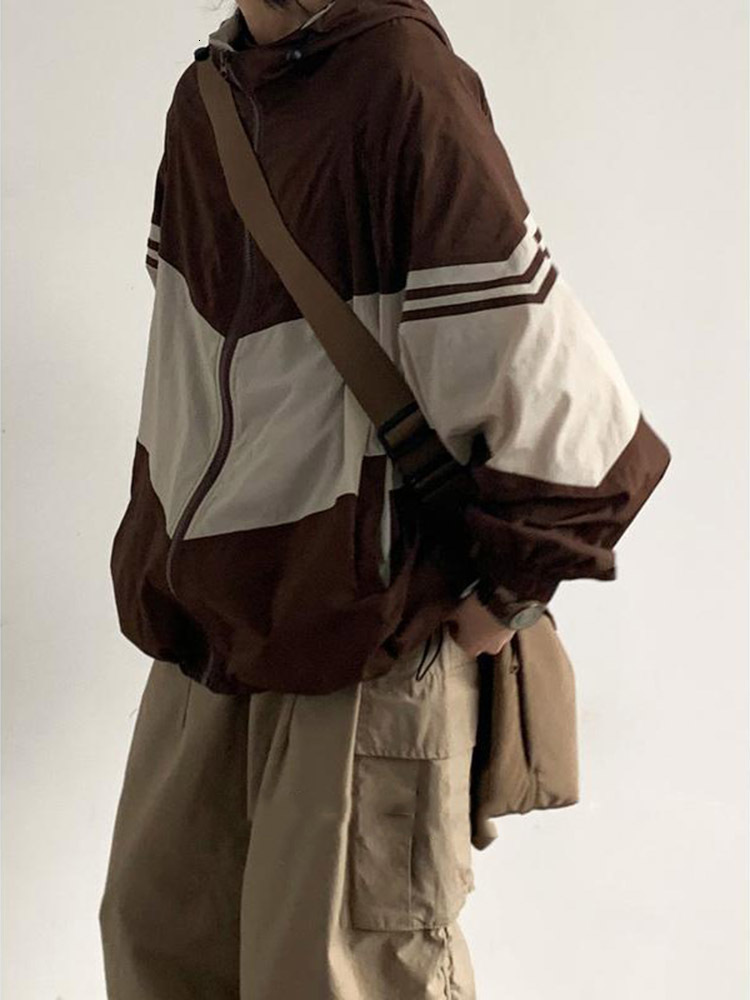 Womens Jackets Vintage Korean Bomber Coat Harajuku Loose Stripe Patchwork Hooded Zipper Outwear Autumn Streetwear BF Style Clothes Tops 230809