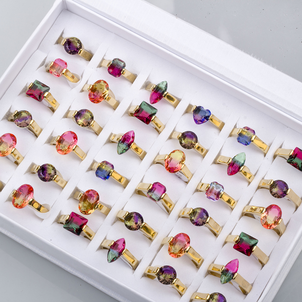 Solitaire Ring 24Pcs Stainless Steel Rainbow Tourmaline Rings For Women and Men Mix Style Wedding Band Fashion Jewelry Gift Wholesale 230810