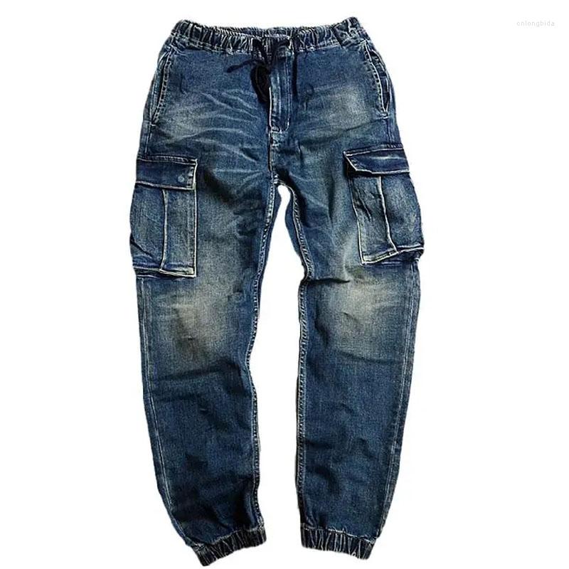 Men's Jeans Functional Large Pocket Cargo Vintage Elastic Waist Cropped Pencil Denim Pants Male