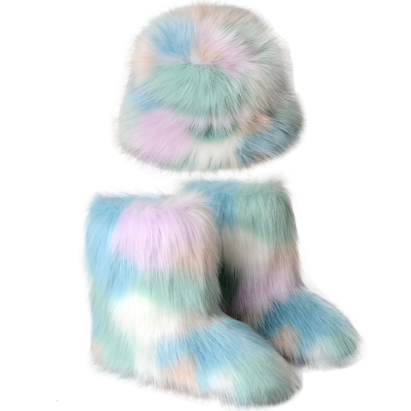 Boots Winter Warm Women Fur Boot Woman Fluffy Faux Fur Fisherman Hat Set Ladies Plush Snow Boot Outside Female Furry Slip on Shoe Bota 230809