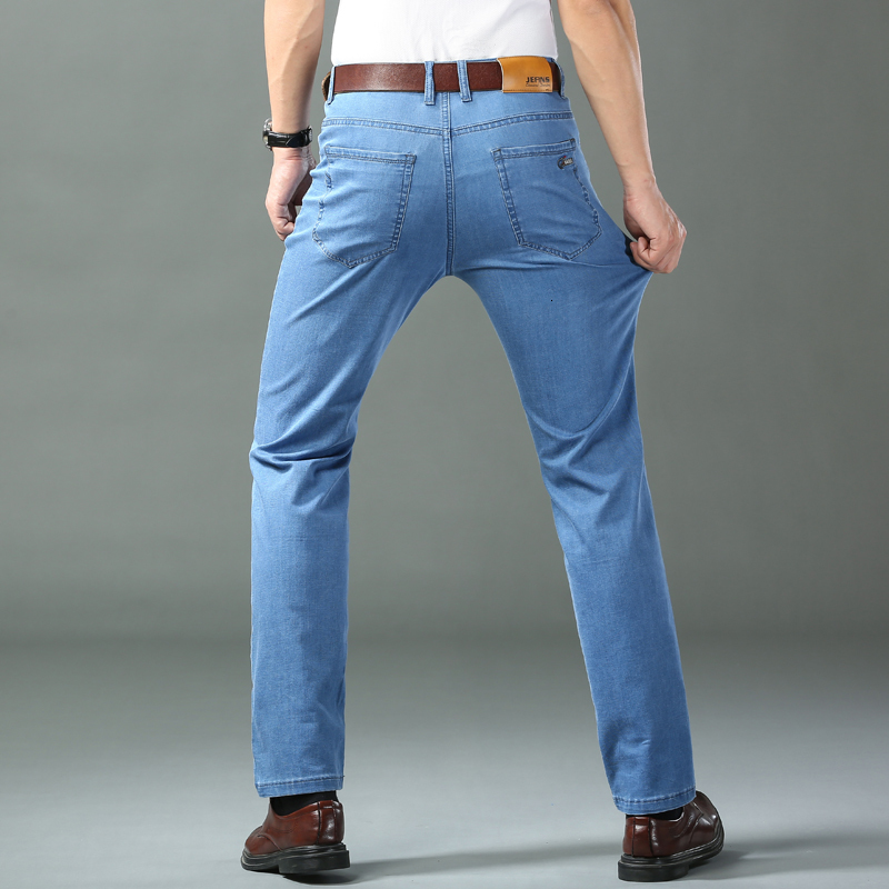 Mens Jeans Spring Summer Thin Denim Straight Cotton Stretch Men Business Casual Cloth High Waist Ice Silk Lightweight Trousers 230810