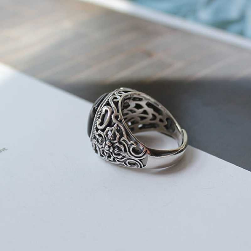 Band Rings Real 925 Silver Black Garnet S925 ring For Men Female Engraved Flower Fashion Open Size S925 ring Sterling Thai Silver Jewelry