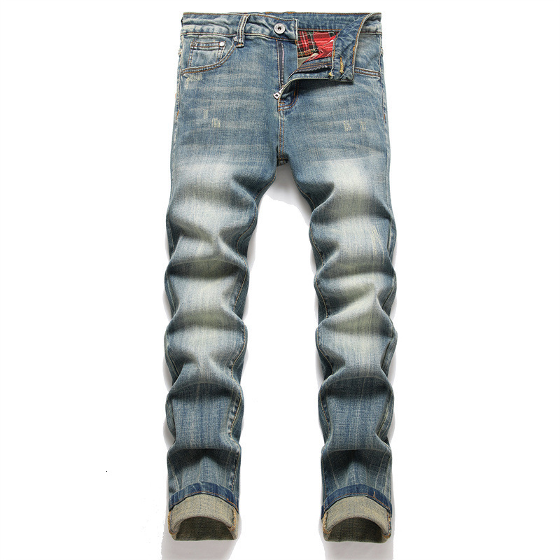 Mens Slim Fit Straight Jeans - Punk Style Embroidered Blue Back Pocket Fashion