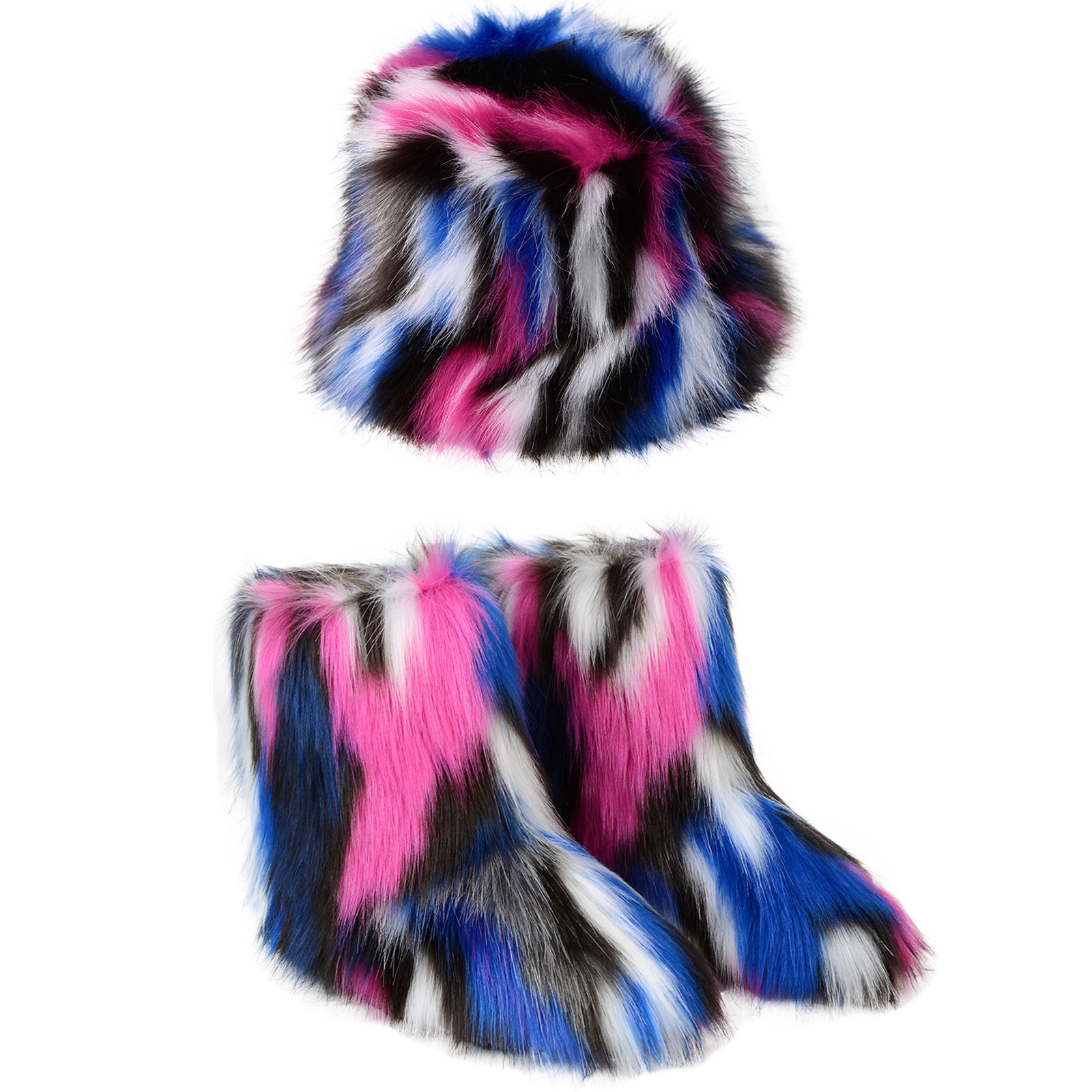 Boots Winter Warm Women Fur Boot Woman Fluffy Faux Fur Fisherman Hat Set Ladies Plush Snow Boot Outside Female Furry Slip on Shoe Bota 230809