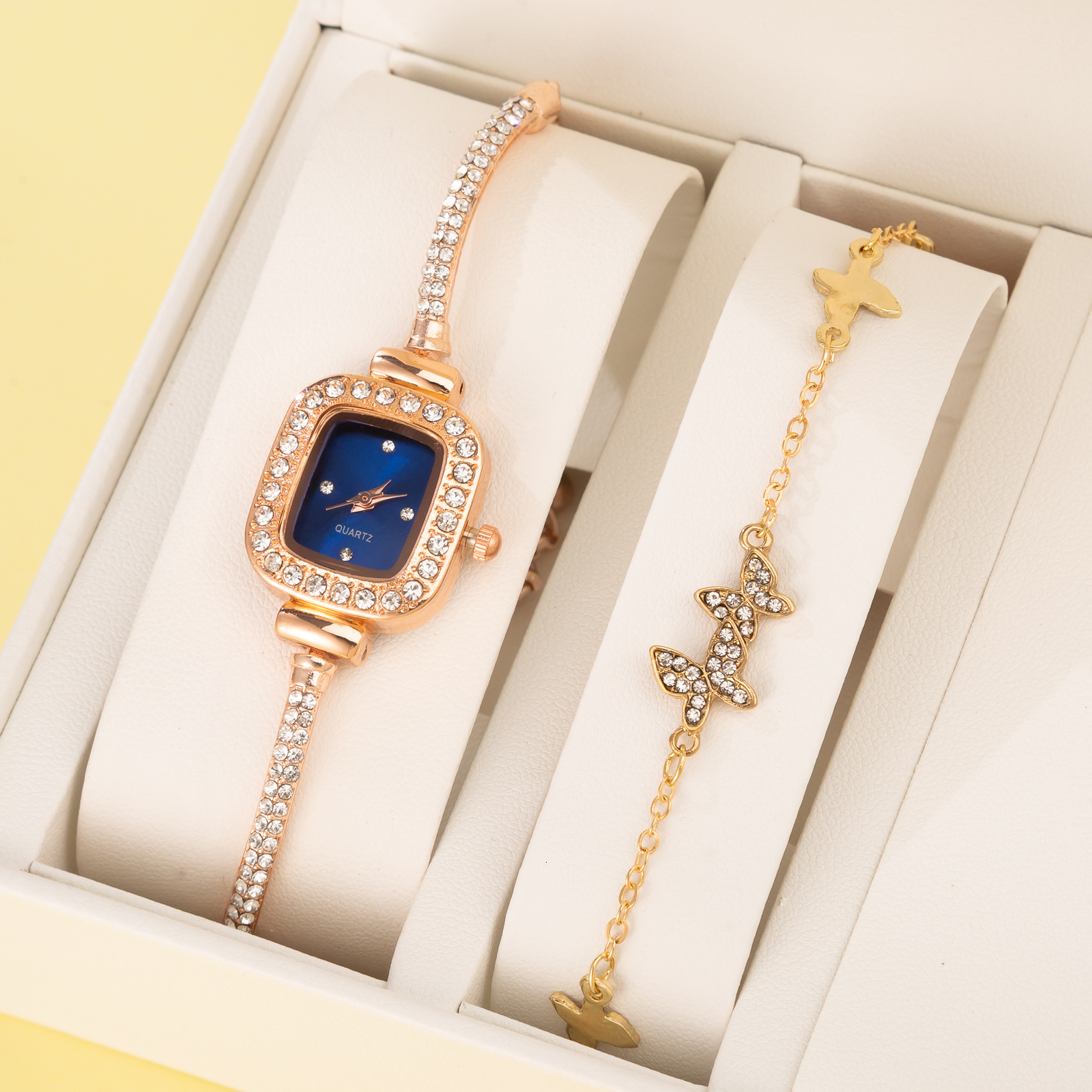 Other Watches 2pc Diamond Watch Square Dial Bracelet Set Ladies Leather Band Quartz Wristwatch Female Clock Zegarek Damski 230809