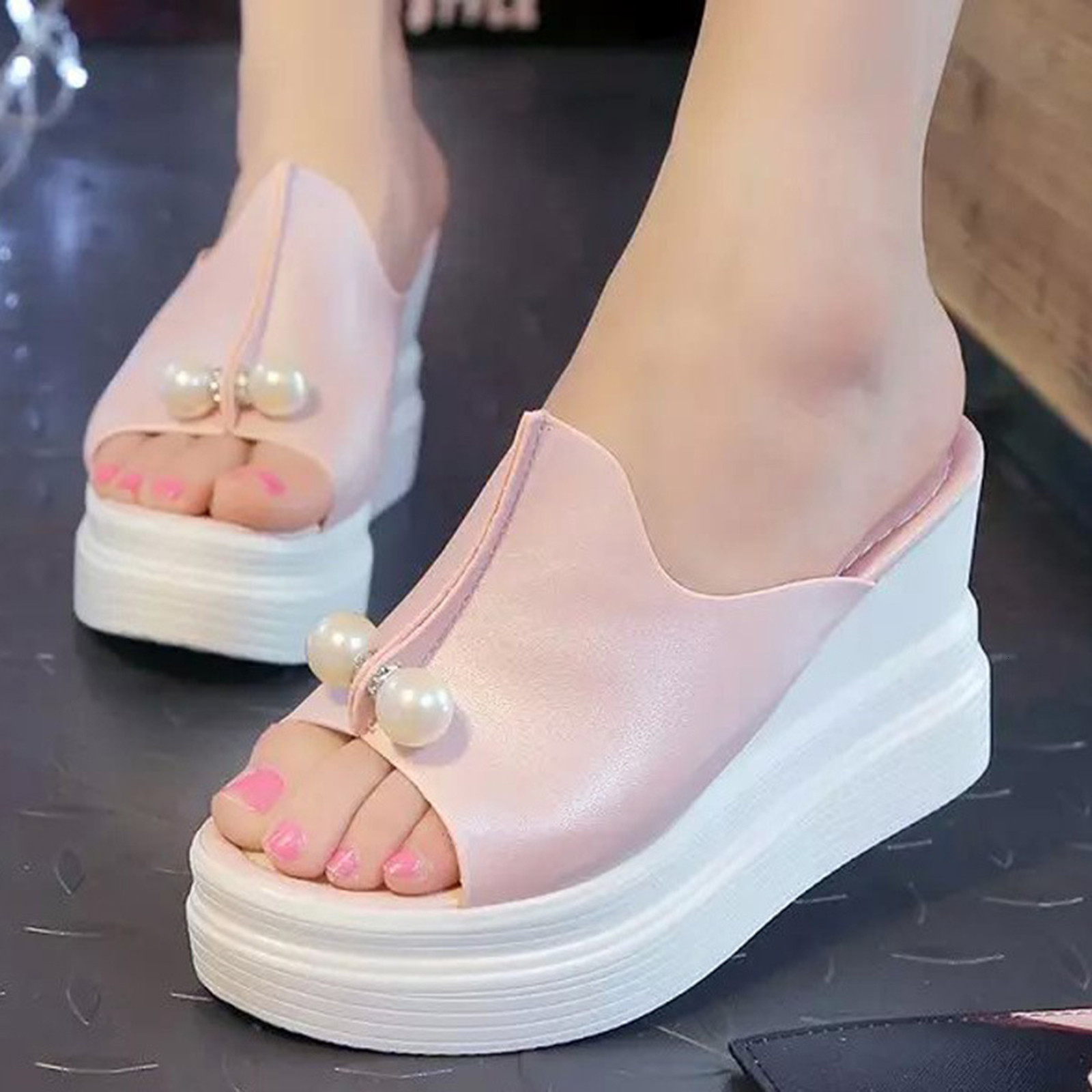 Slippers SAGACE Women Platform Shoes Ladies Slippers Thick-Bottom Solid Pearl Waterproof Wedge Sandals Women Summer Flip-Flops Beach Shoe 230809