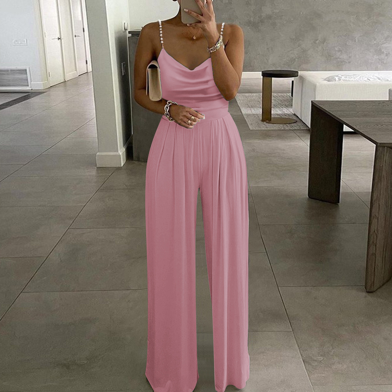 Women's Jumpsuits Rompers Womens Casual Solid Color Two Pearl Strap Pink Sweetheart V-Neck High Waist Tube Jumpsuit Pants Summer Dressy Maternity