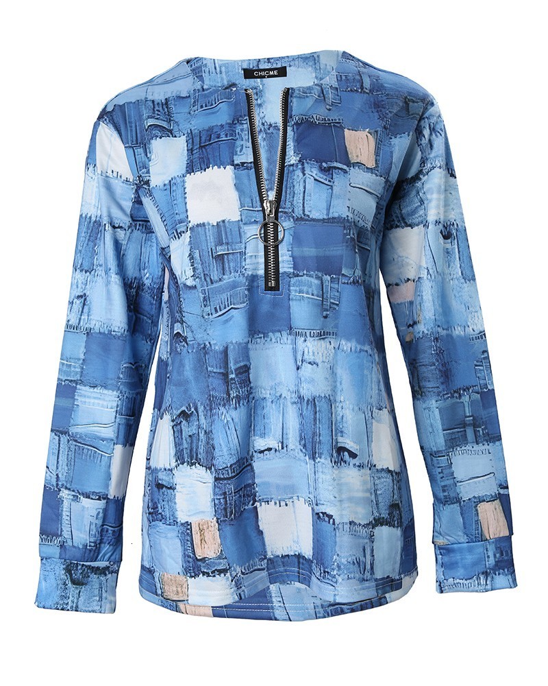 Women's T-Shirt Denim Look Print Zip Detail Long Sleeve Top Women Fashion Casual T Shirt 230809
