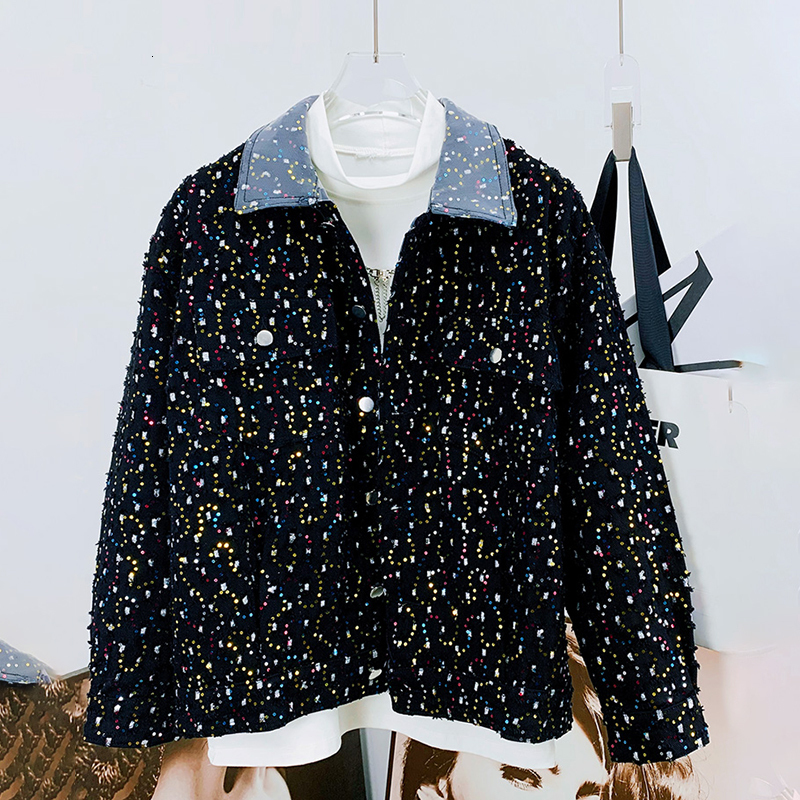 Men's Sequined Denim Jacket Autumn Fashion Casual Bead Safari Style Worn Out High Street Pocket Versatile Coat Polyester