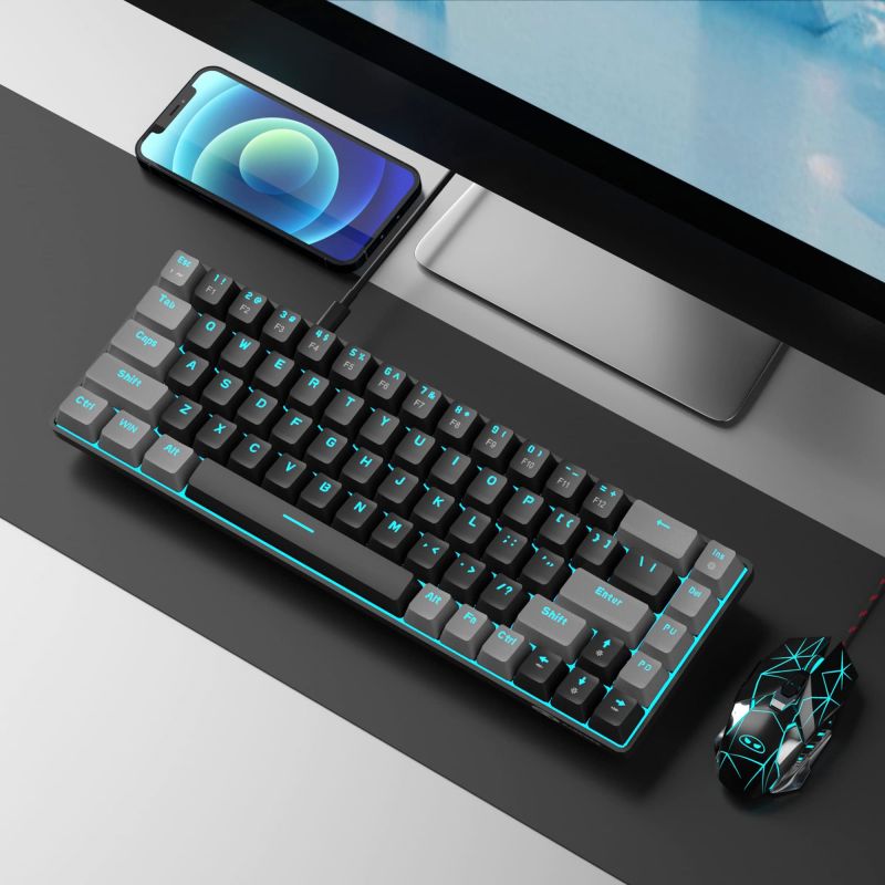 portable 60% mechanical gaming keyboard mk box led backlit compact 68 keys mini wired office keyboard with blue switch