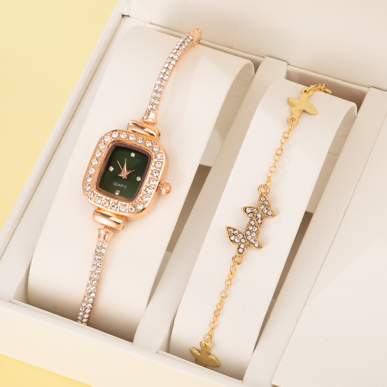 Other Watches 2pc Diamond Watch Square Dial Bracelet Set Ladies Leather Band Quartz Wristwatch Female Clock Zegarek Damski 230809