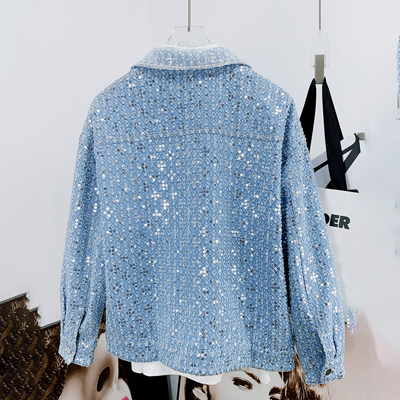 Men's Sequined Denim Jacket Autumn Fashion Casual Bead Safari Style Worn Out High Street Pocket Versatile Coat Polyester