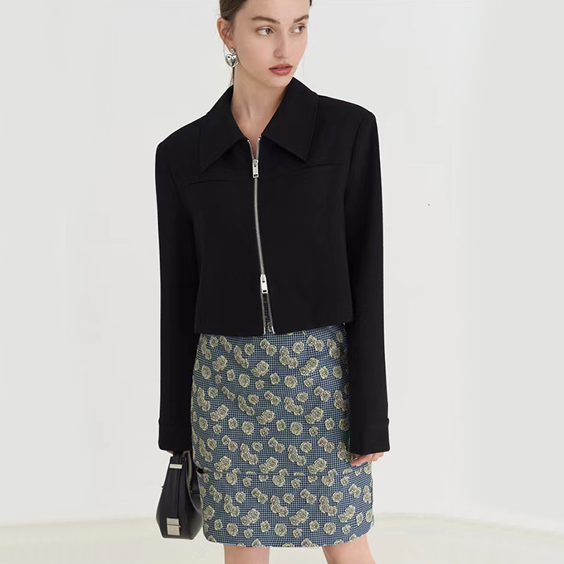 Women's Jacket Black Crop Jackets Y2K Korean Fashion Chic Turndown Collar Long Sleeve All Match Cardigan Autumn Casual Zipper Outerwear 230809