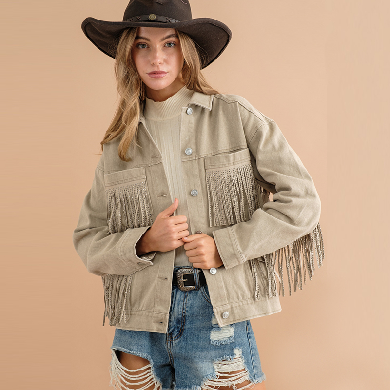 Womens Jackets Casual Denim Jacket Kpop Tassel Streetwear Vintage Washed Long Sleeve For Women Korean Fringe Loose Coat 230809