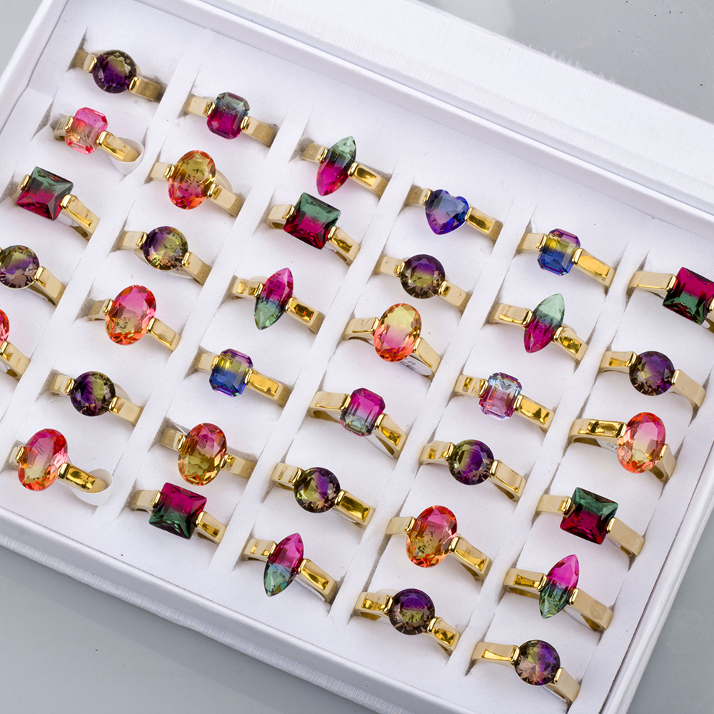 Solitaire Ring 24Pcs Stainless Steel Rainbow Tourmaline Rings For Women and Men Mix Style Wedding Band Fashion Jewelry Gift Wholesale 230810