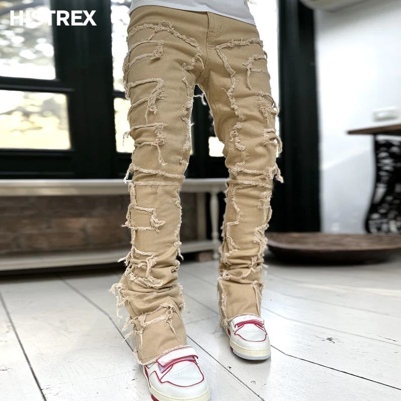 Mens Jeans Quality Streetwise Stretch Patch Men European American Heavyweight Pants High Street Hip Hop Y2K Straight Fit Long 230810