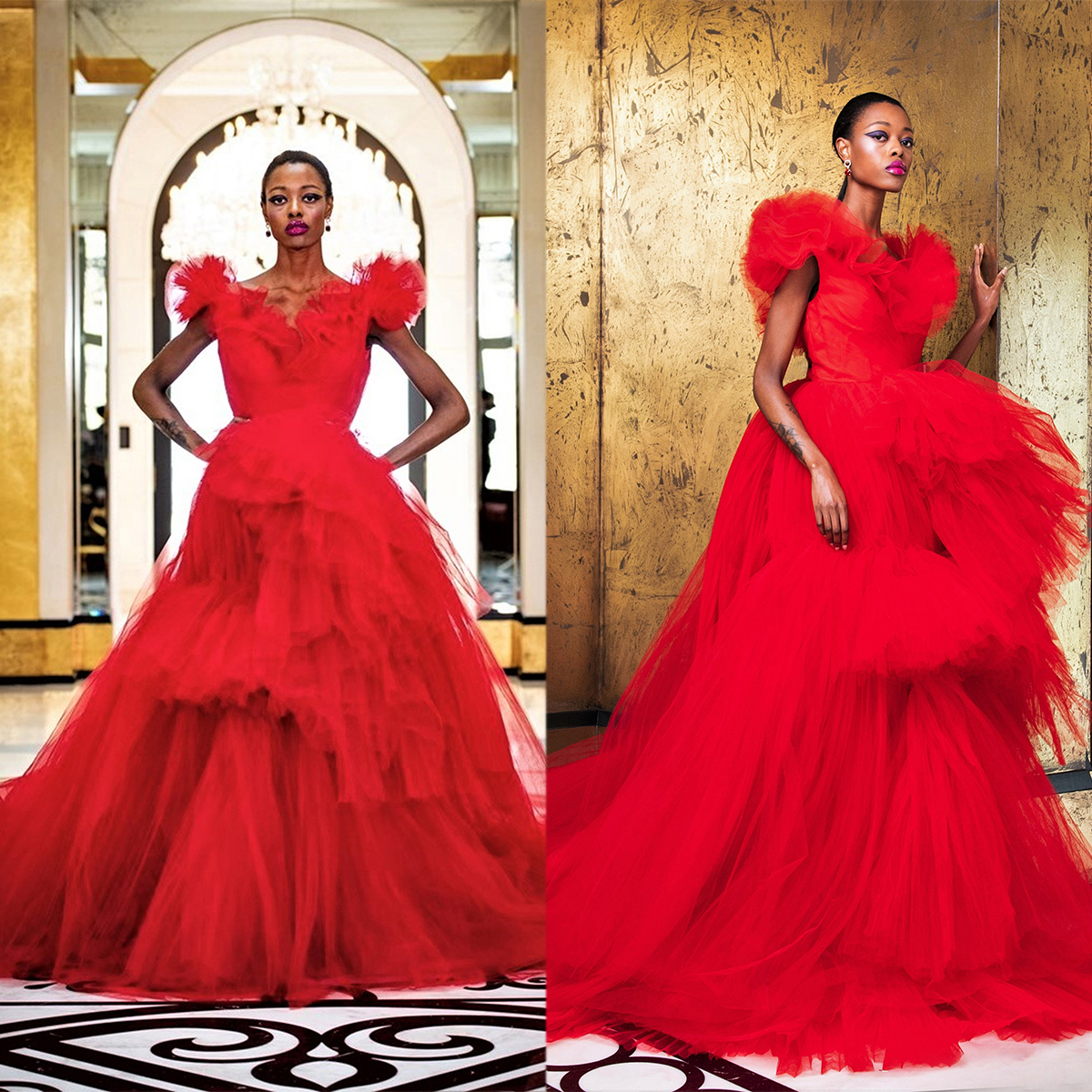 Red Prom Dresses Tiered Ruffles V Neck Evening Party Dress Short Sleeve Tulle Gowns Custom Made