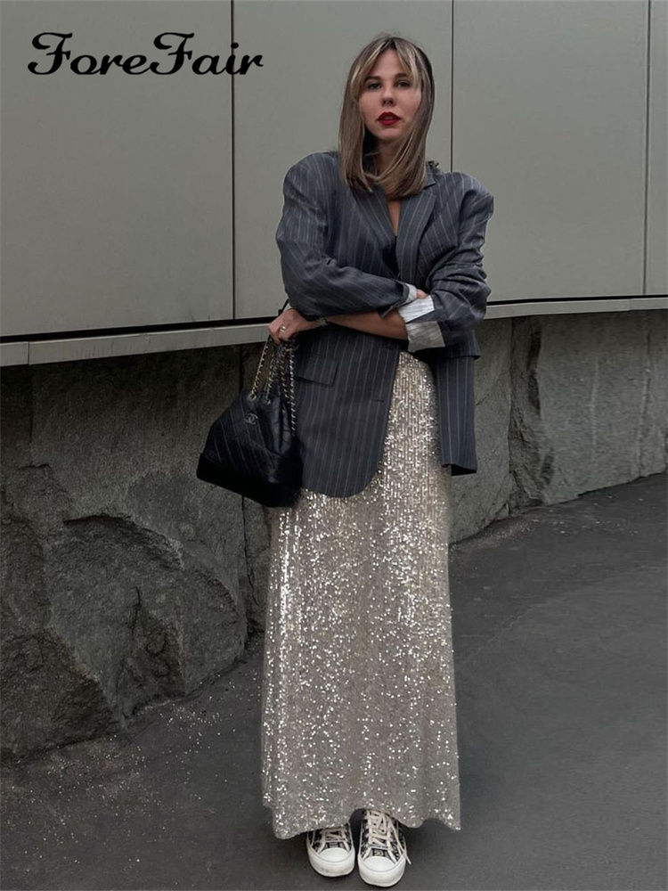 Two Piece Dress Forefair Y2k Sequins Skirt 2 Pieces Sets Women Summer Autumn Long Sleeve Chic Crop Top Bodycon And Mixi Party Club 230810