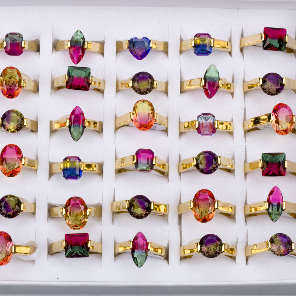 Solitaire Ring 24Pcs Stainless Steel Rainbow Tourmaline Rings For Women and Men Mix Style Wedding Band Fashion Jewelry Gift Wholesale 230810