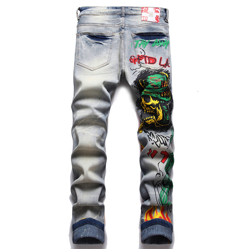 Mens Jeans Casual WashedOut Embroidery Patchwork Slim Fit Straight Leg Fashion Personality Youth Dimin Trouser 230809