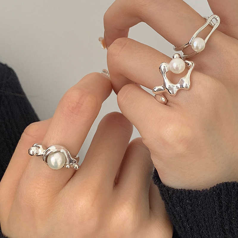 Band Rings Trendy 925 Sterling Silver Stacked Pearl Line Double Layer Opening Ring Adjustable for Women Sweet Minimalist Jewelry Gift