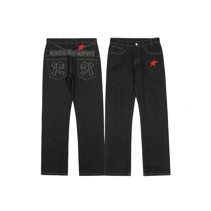 Mens Jeans Chic Star Letter Embroidery Black Hip Hop Men Straight Trousers Streetwear Male Baggy Denim Pants Fashion Spodnie 230810