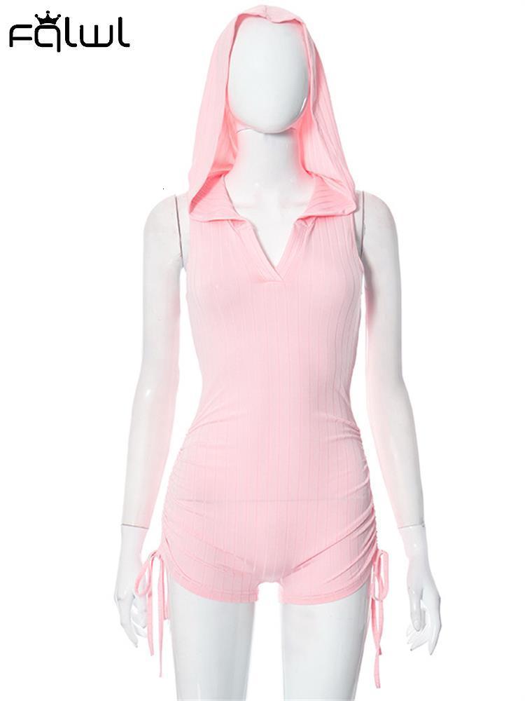 Women's Jumpsuits Rompers FQLWL Summer Pink Hoodies Sleeveless Shirring V Neck Romper Vacation Outfits For Women Khaki Streetwear Bodycon Romper 
