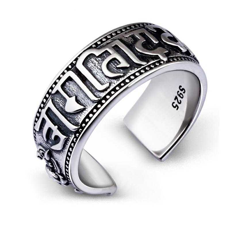 Band Rings S925 Sterling Silver Mantra Saint Religious Ring Thai Silver Six-character Mantra Cylinder Opening Adjustable Ring Jewelry