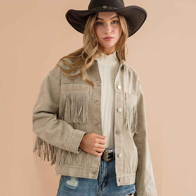 Womens Jackets Casual Denim Jacket Kpop Tassel Streetwear Vintage Washed Long Sleeve For Women Korean Fringe Loose Coat 230809