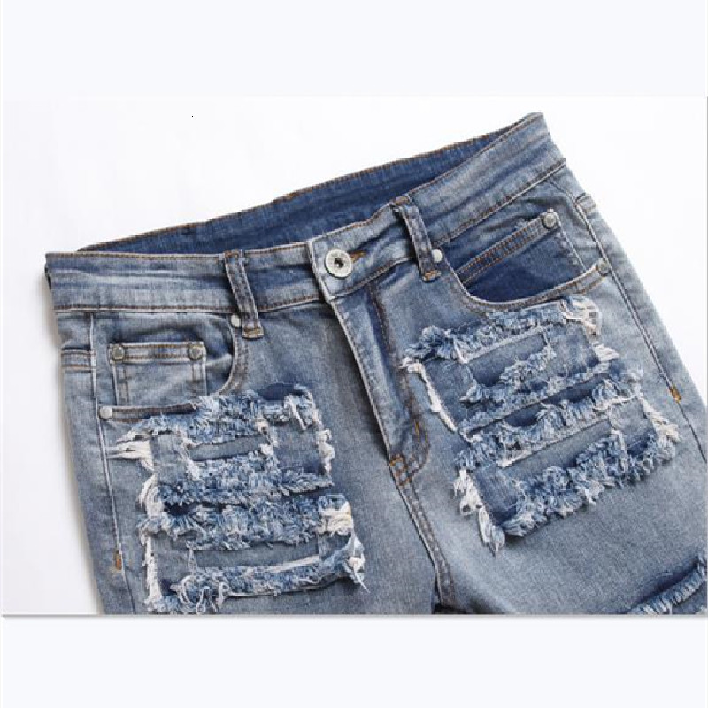 Mens Ripped Slim Straight Jeans Blue Punk Fashion Trend Elastic Stick Cloth |