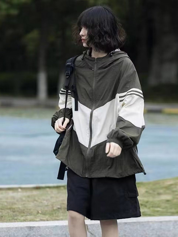 Womens Jackets Vintage Korean Bomber Coat Harajuku Loose Stripe Patchwork Hooded Zipper Outwear Autumn Streetwear BF Style Clothes Tops 230809